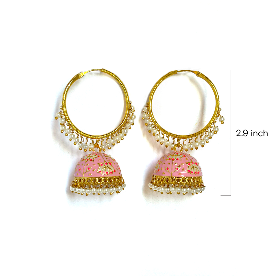 Pink Meenakari Jhumka Hoop Earrings - Image 2