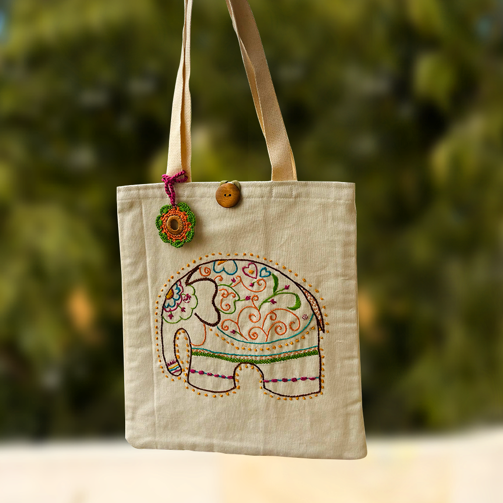 Regal Elephant Embroidered Tote - Madhues
