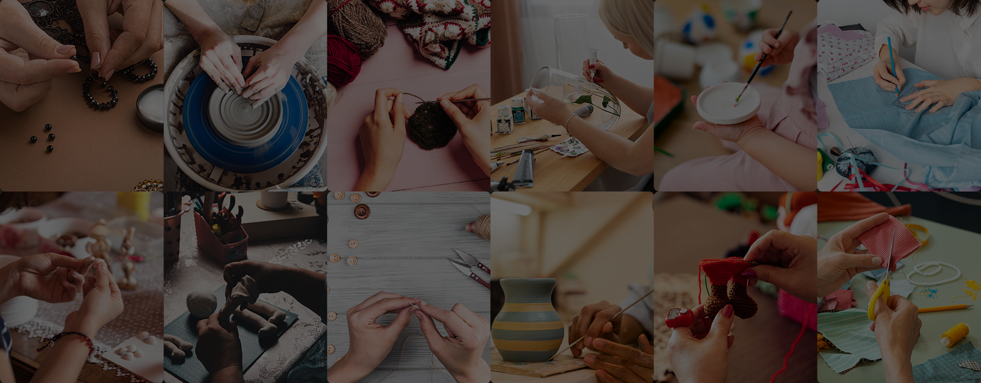 Collage of various activities including pottery, craft-making, and children playing.