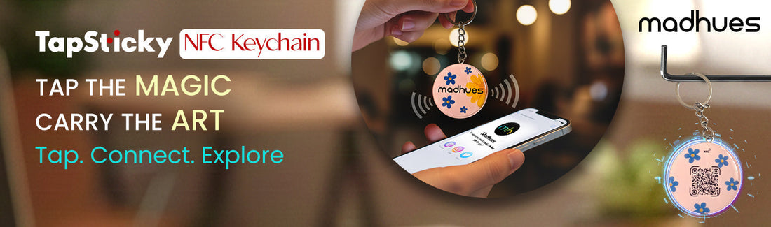 TapSticky NFC keychain with floral design and QR code, connecting via smartphone for easy access