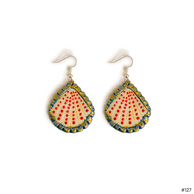 Hand-painted teardrop earrings with cream base, red dots, and blue-gold scalloped edges
