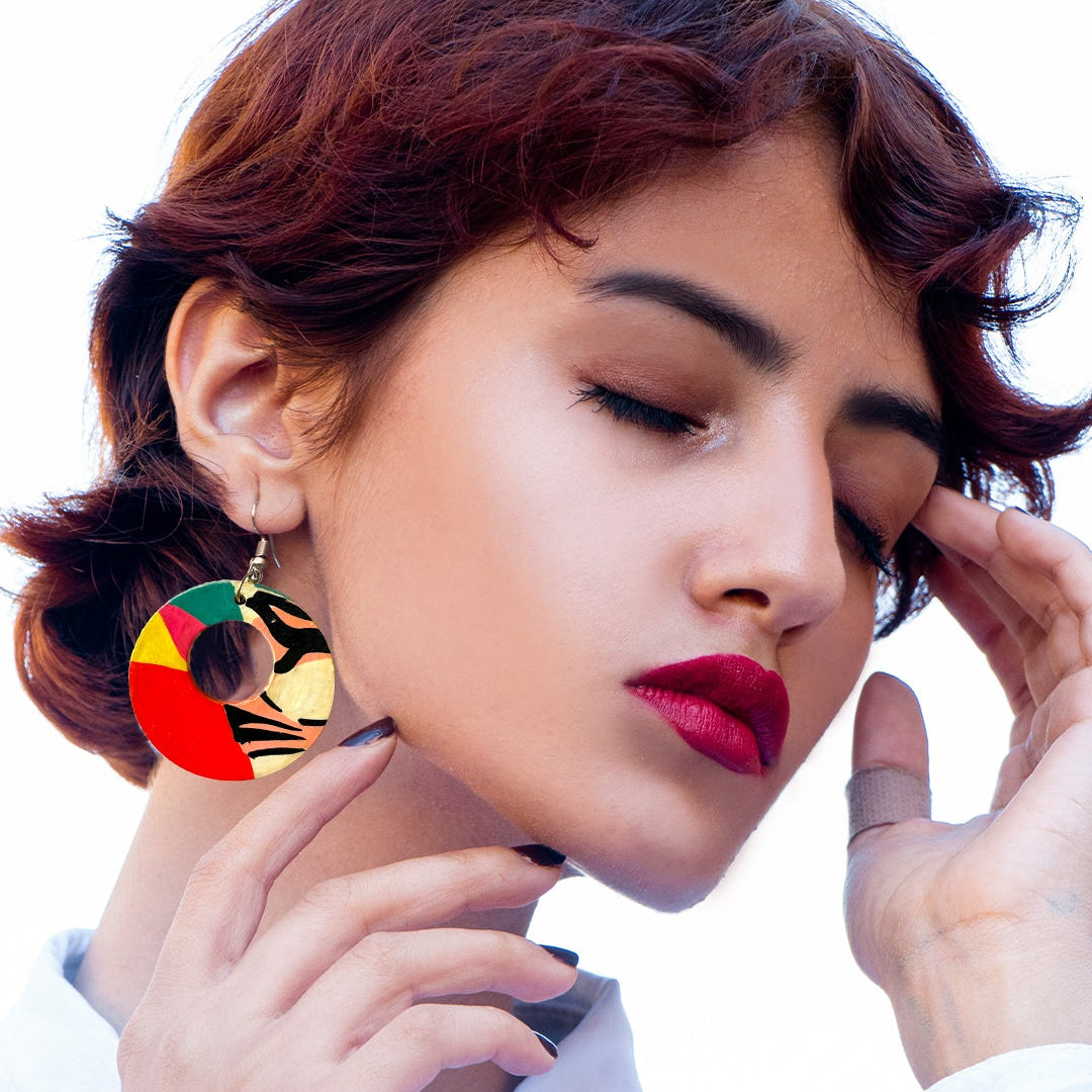Pair of teardrop-shaped earrings with colorful floral hand-painted design