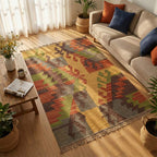  colorful patterned rug, beige sofa, and wooden coffee table.