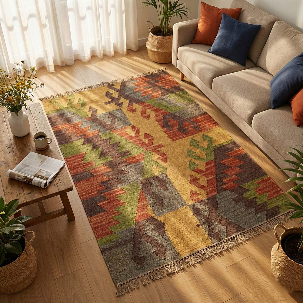 Handwoven Geometric Cotton Durrie Rug - Vibrant Tribal Pattern