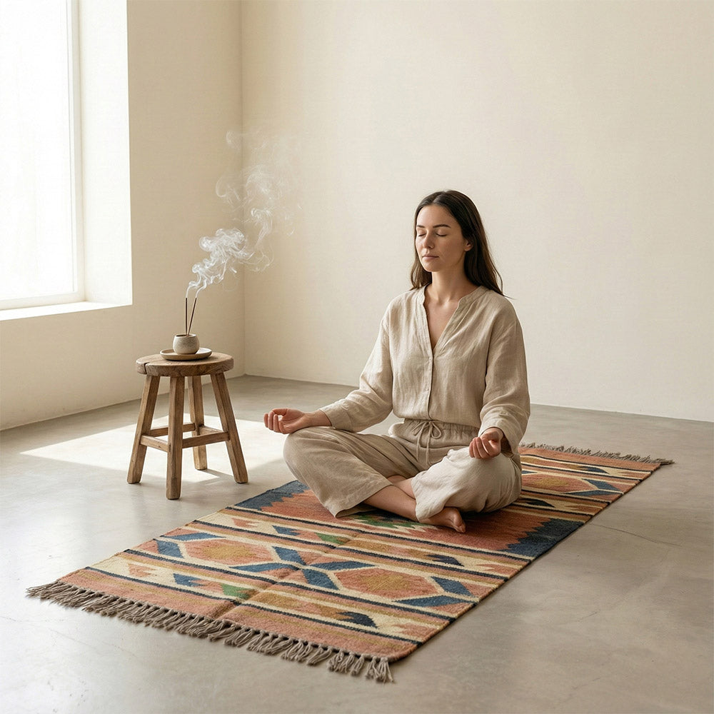 Vibrant Geometric Handwoven Durrie Rug - Multicolored Flatweave