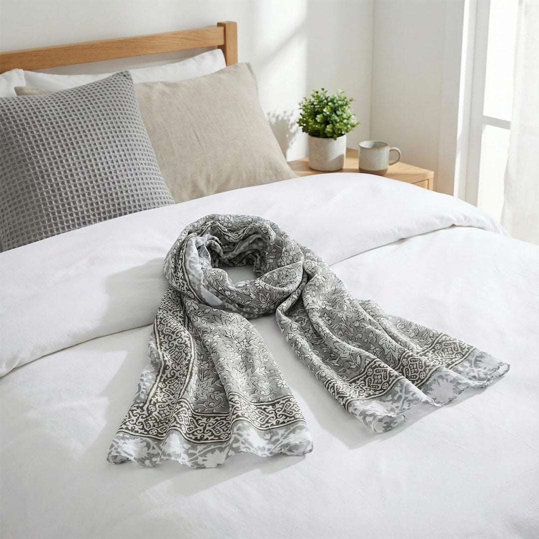Grey & White Block Printed Cotton Scarf | Floral Pattern