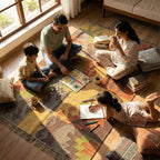 Family playing board games on a colorful rug in a cozy living room.