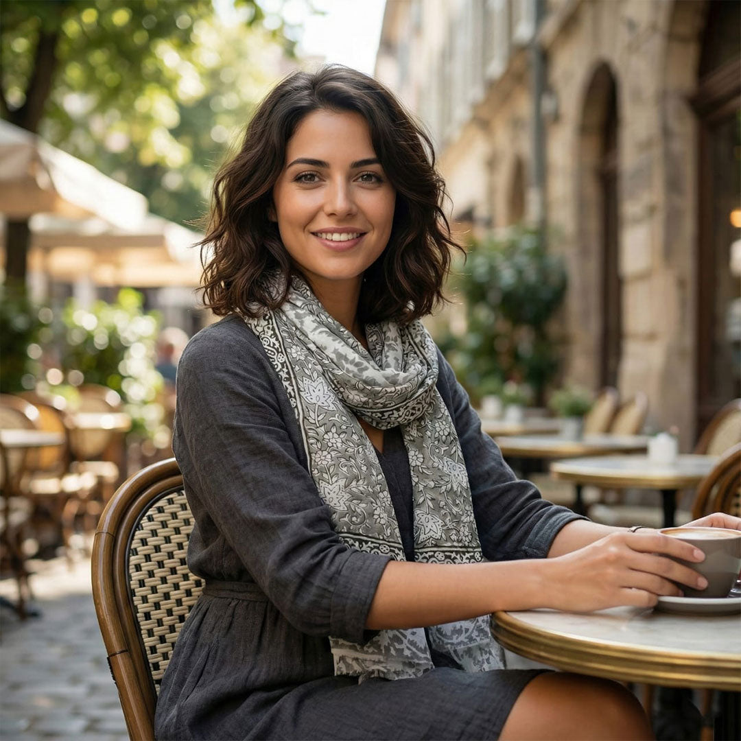 Grey & White Block Printed Cotton Scarf | Floral Pattern