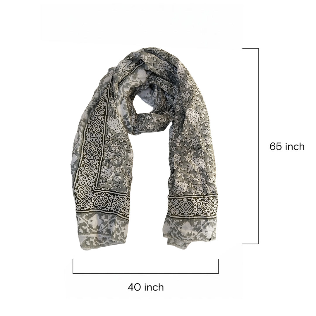 Grey & White Block Printed Cotton Scarf | Floral Pattern
