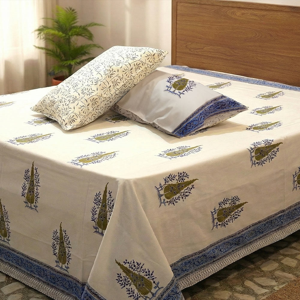 Olive & Blue Tree Motif Block Print Cotton Bedsheet Set - Madhues