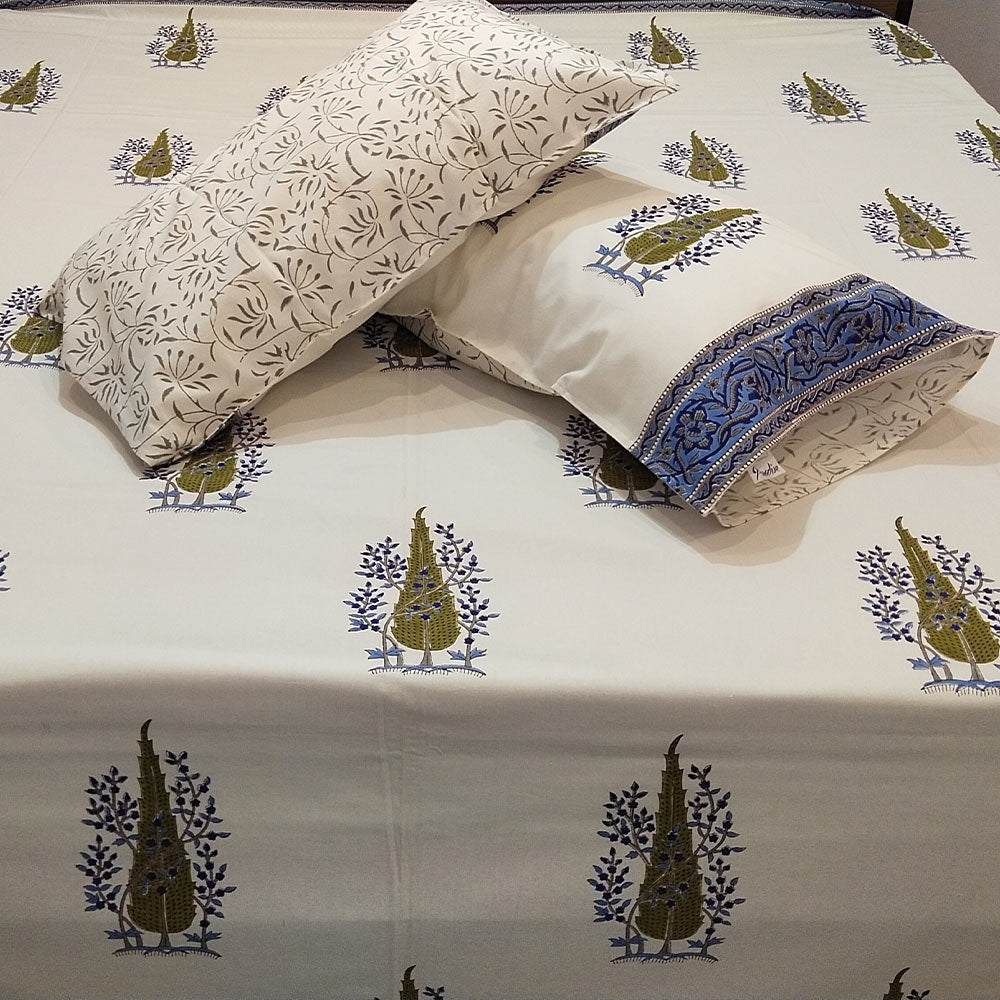 Olive & Blue Tree Motif Block Print Cotton Bedsheet Set - Madhues
