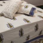 Olive & Blue Tree Motif Block Print Cotton Bedsheet Set - Madhues