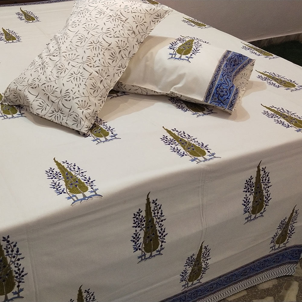 Olive & Blue Tree Motif Block Print Cotton Bedsheet Set - Madhues