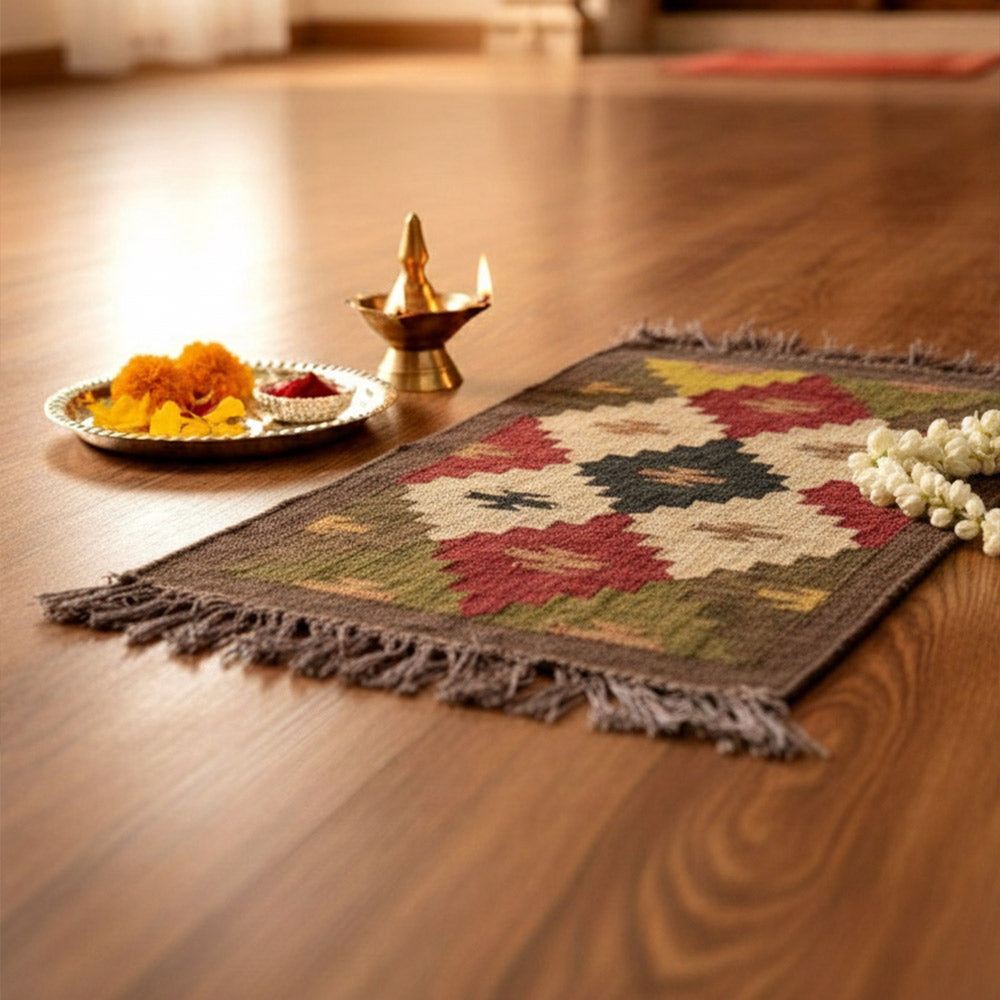 Handwoven Colorful Geometric Puja Aasan Mat with Tassels