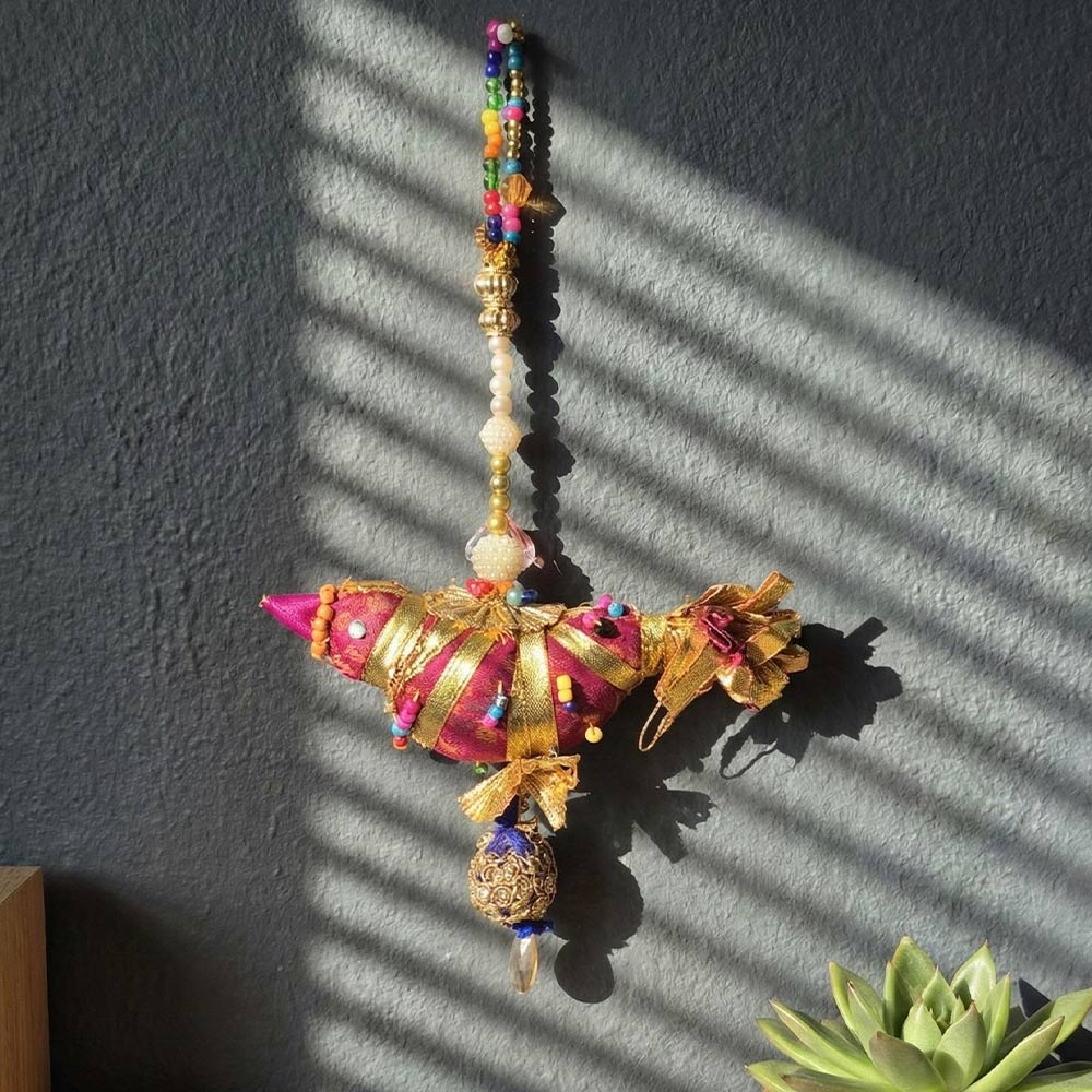 Maroon & Gold Beaded Bird Hanging Ornament - Madhues