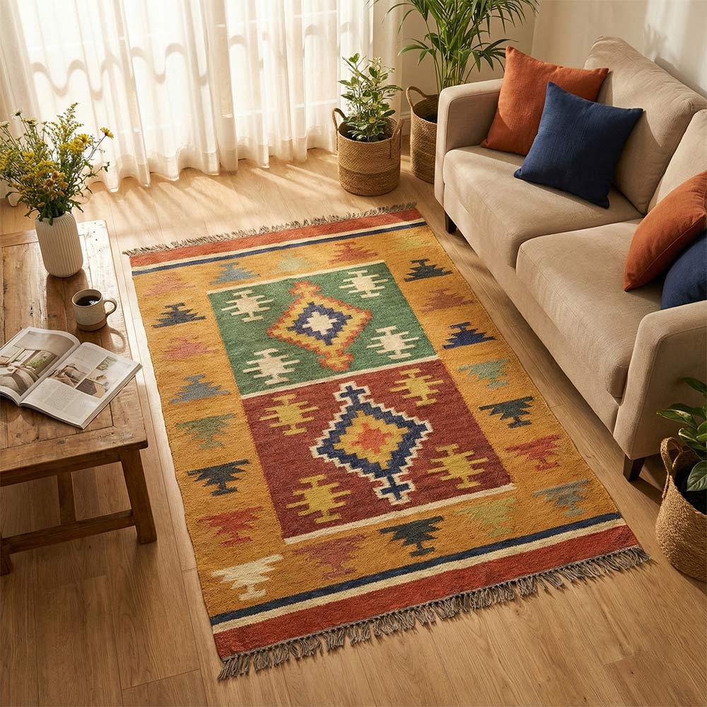 Geometric Handwoven Durrie Rug - Earth Tones Flatweave