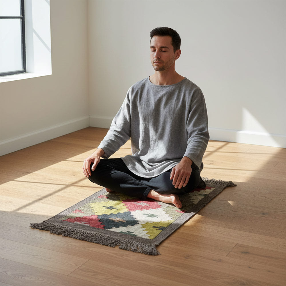 Handwoven Colorful Geometric Puja Aasan Mat with Tassels