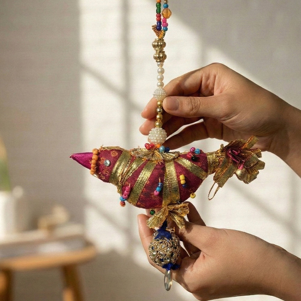 Maroon & Gold Beaded Bird Hanging Ornament - Madhues