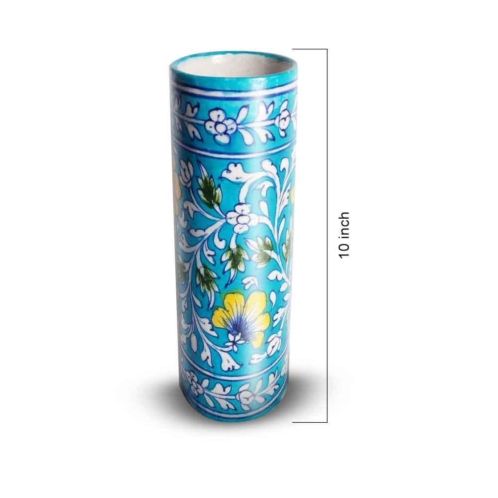 Aqua Floral Tall Blue Pottery Cylinder Vase - Madhues