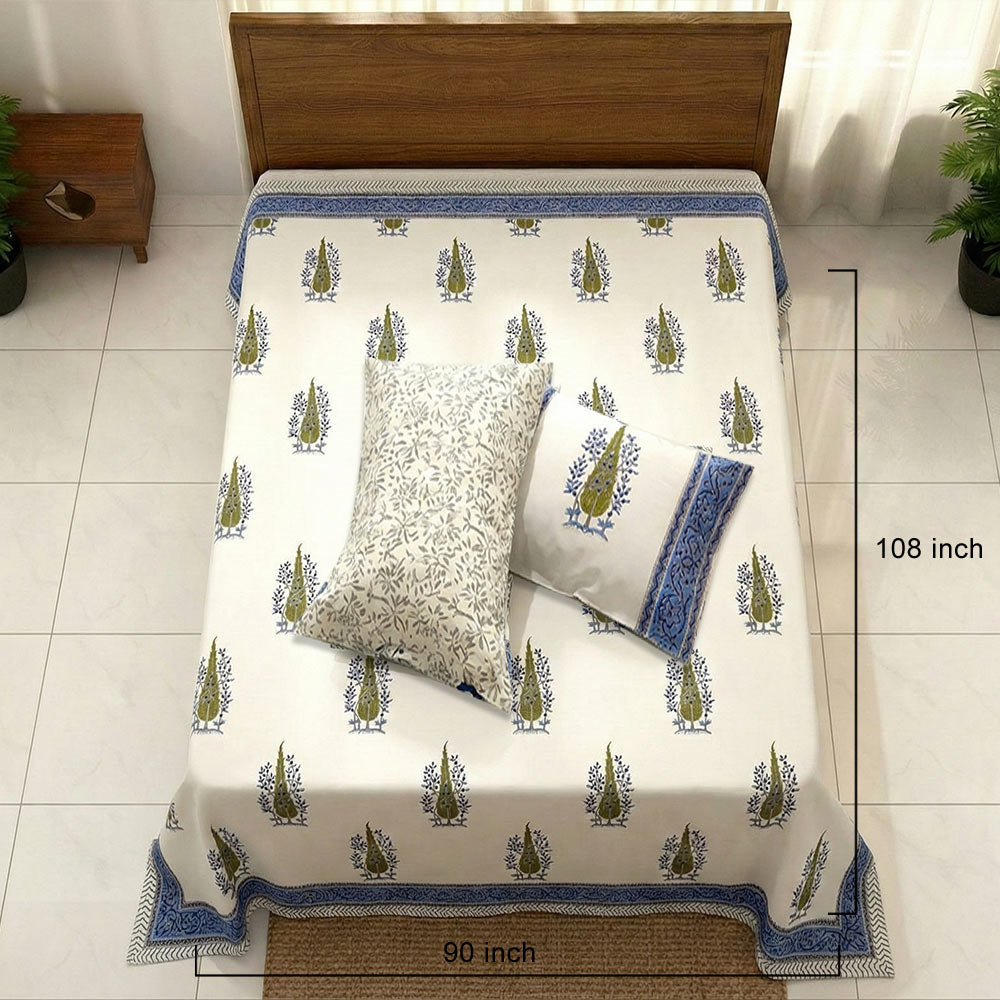Olive & Blue Tree Motif Block Print Cotton Bedsheet Set - Madhues