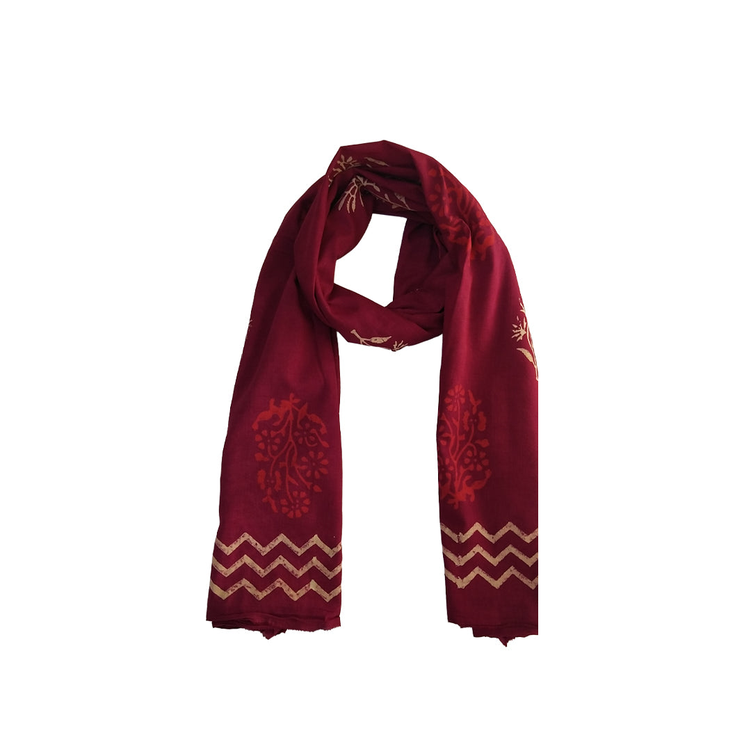 Red Block Printed Cotton Scarf | Floral & Zigzag Pattern