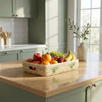 Fruit basket on a kitchen counter with green cabinets and a window in the background