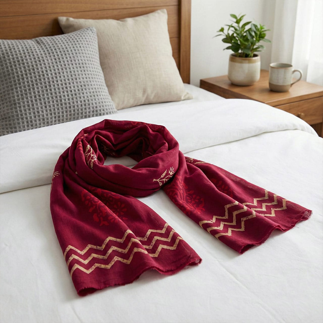 Red Block Printed Cotton Scarf | Floral & Zigzag Pattern
