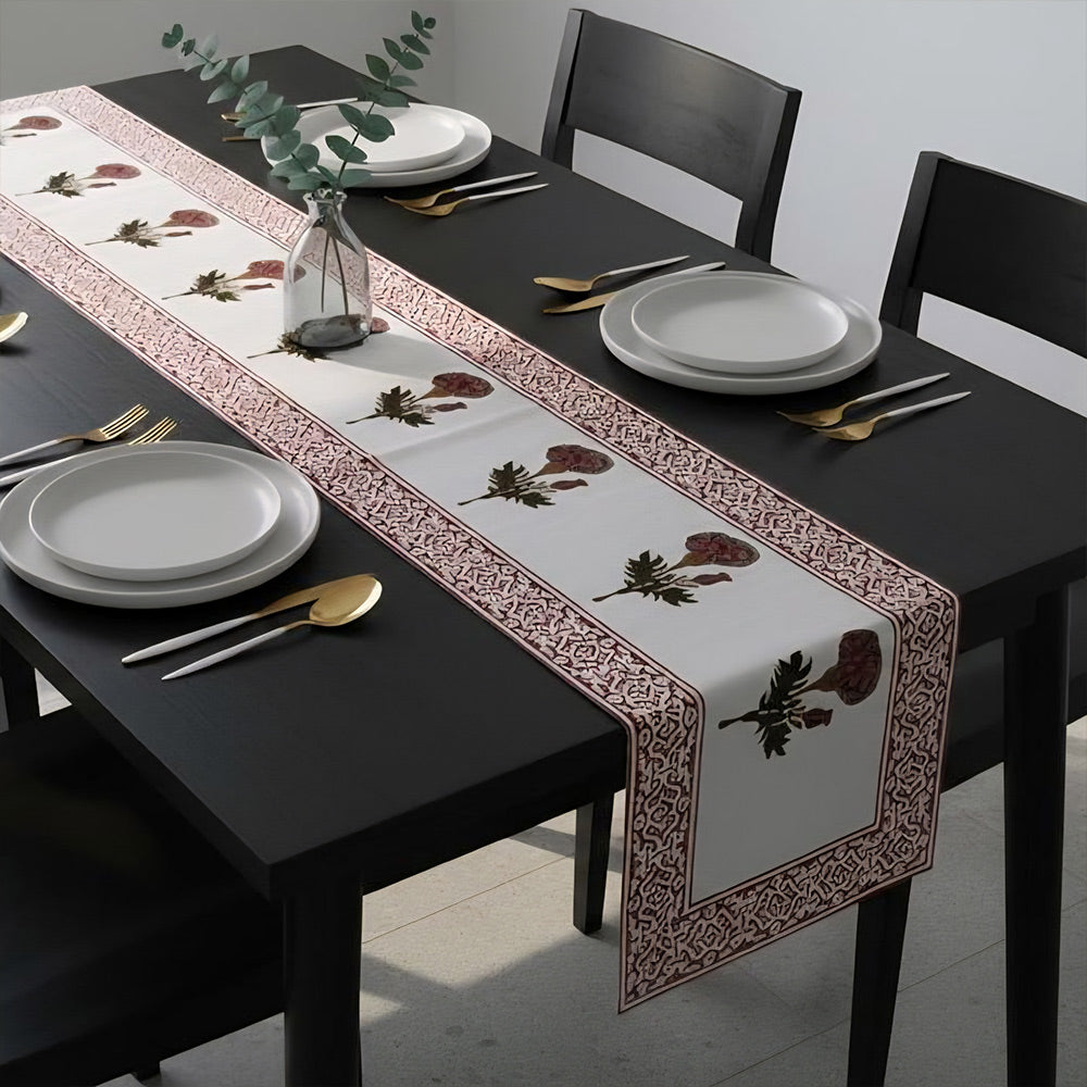 Artisan Block Printed Floral Table Runner - Maroon & White