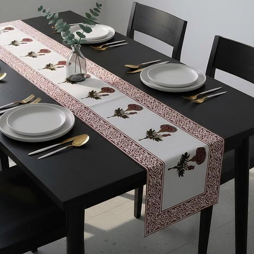 Artisan Block Printed Floral Table Runner - Maroon & White
