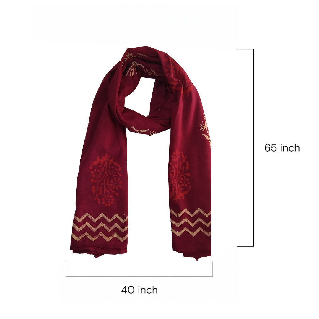 Red Block Printed Cotton Scarf | Floral & Zigzag Pattern