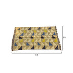 Geometric patterned rug with dimensions on a white background