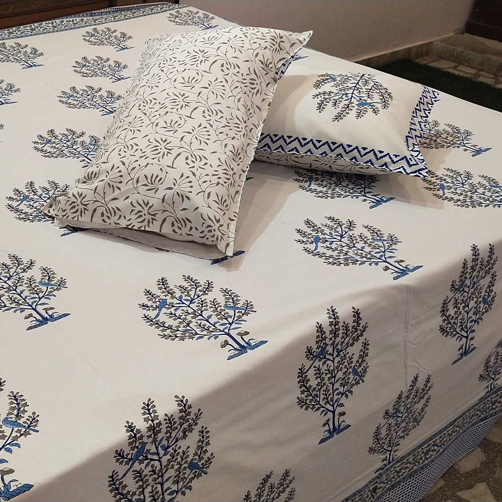 Azure Tree of Life Bagru Block Print Bedsheet Set - Madhues