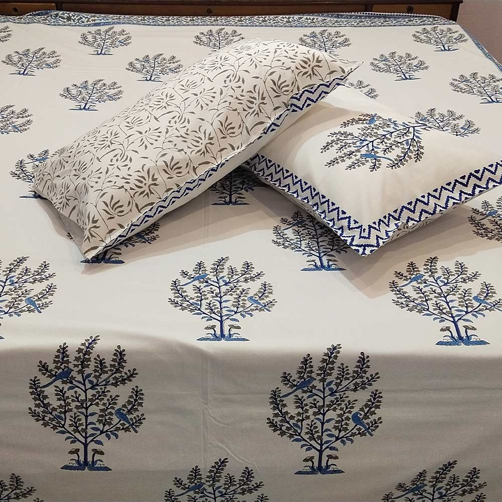 Azure Tree of Life Bagru Block Print Bedsheet Set - Madhues