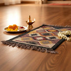 Decorative mat with geometric pattern on a wooden floor