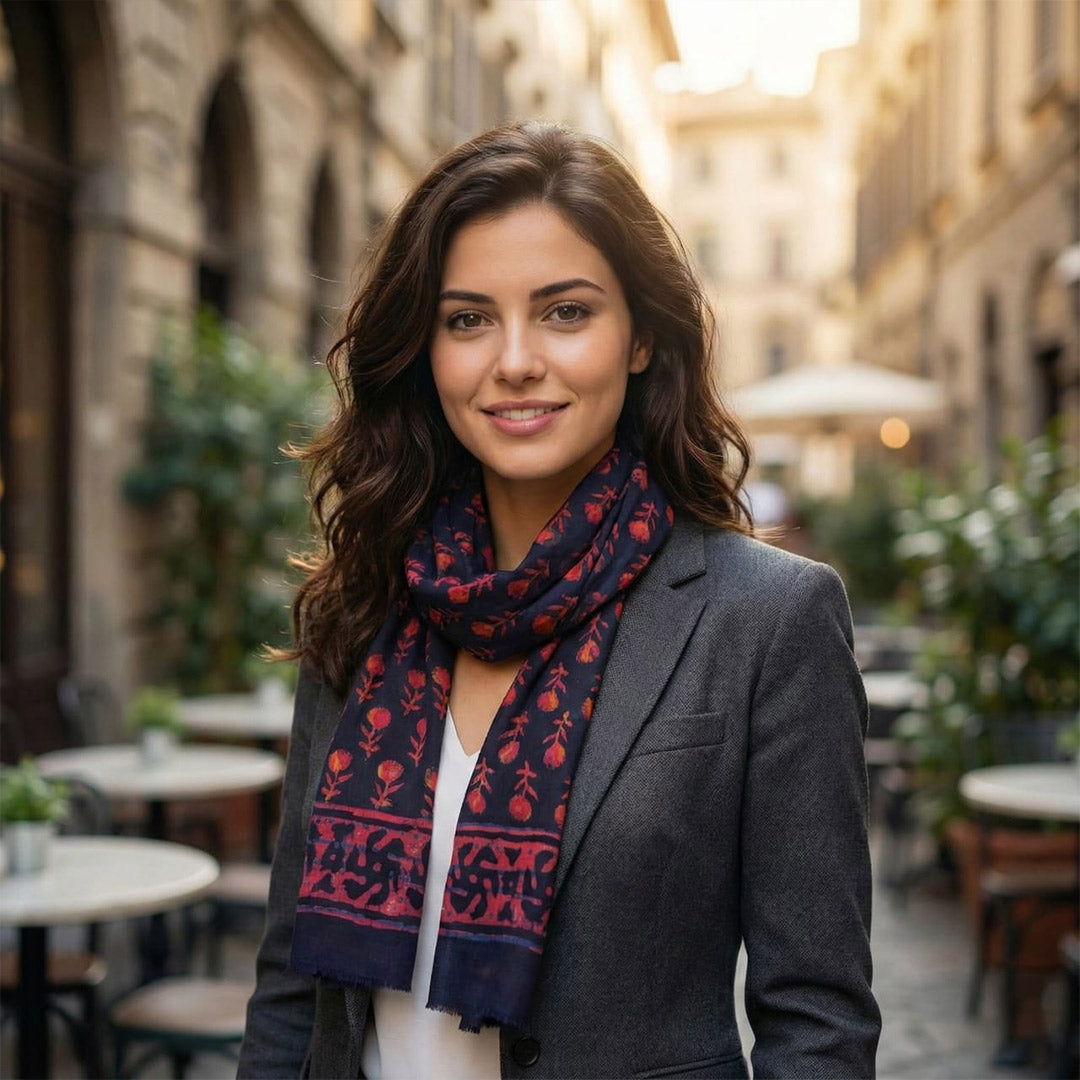Black Cotton Block Print Floral Scarf