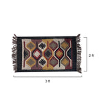 Woven rug with geometric pattern and dimensions on a white background