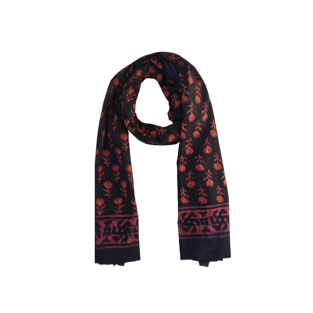 Black Cotton Block Print Floral Scarf