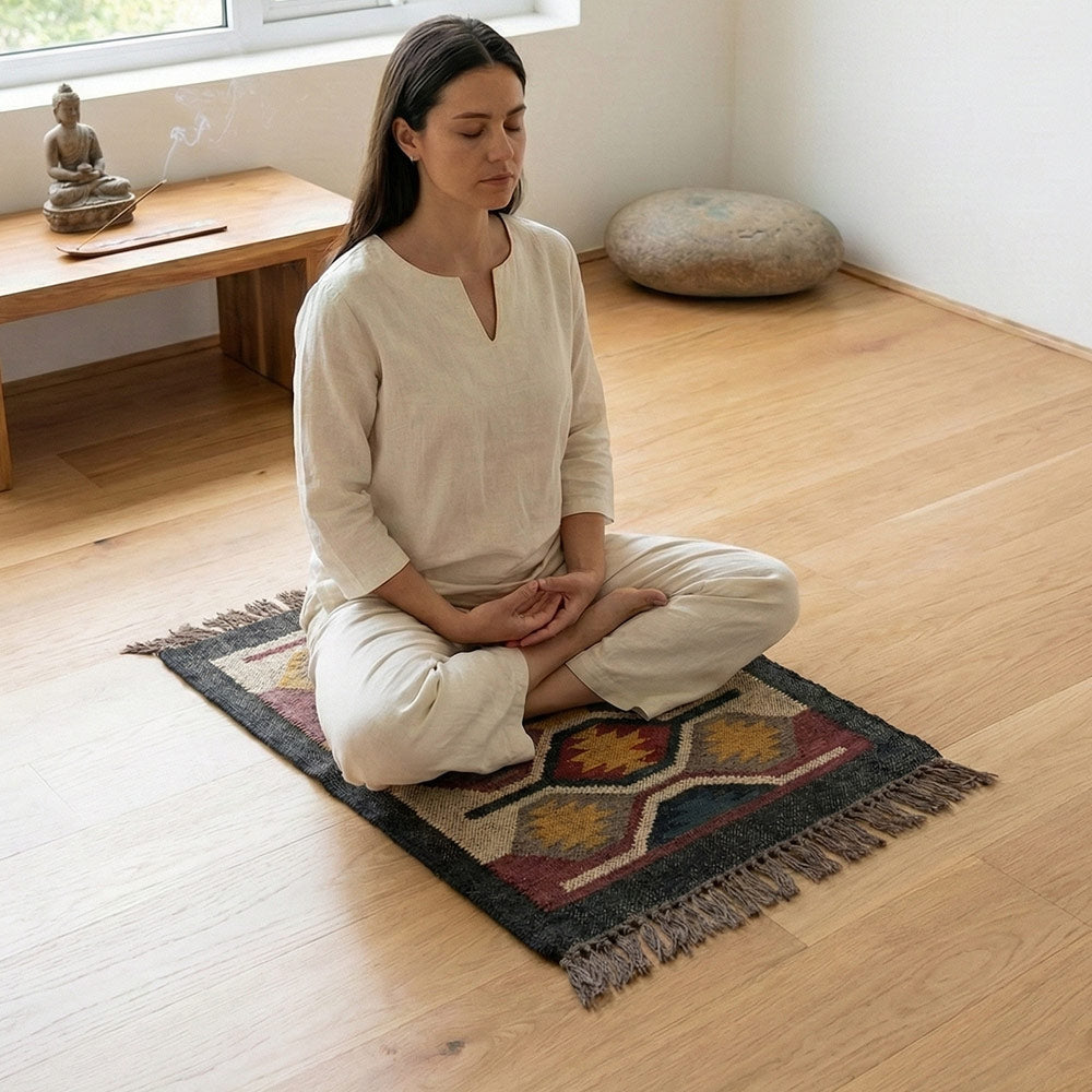 Handwoven Geometric Jute Puja Aasan Prayer Mat - Multi-Color