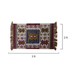 Woven rug with geometric pattern and fringes, shown with dimensions on a white background