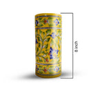 Cylindrical ceramic vase with floral patterns on a yellow background, shown with a measurement of 8 inches.