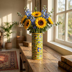 Decorative vase with sunflowers and blue flowers on a wooden table by a window.