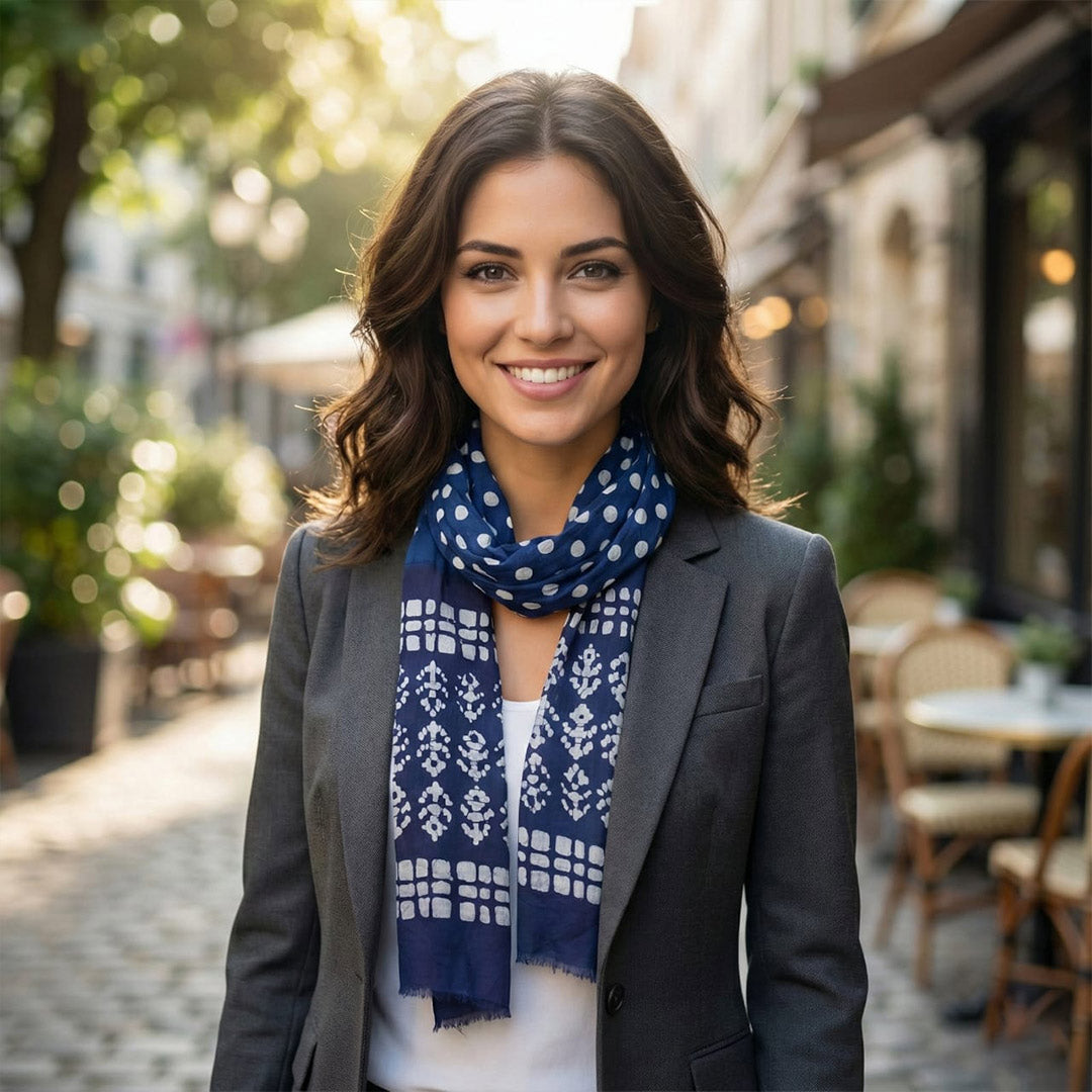 Block Printed Cotton Scarf with Geometric Patterns