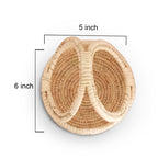 Woven basket with dimensions labeled on a white background