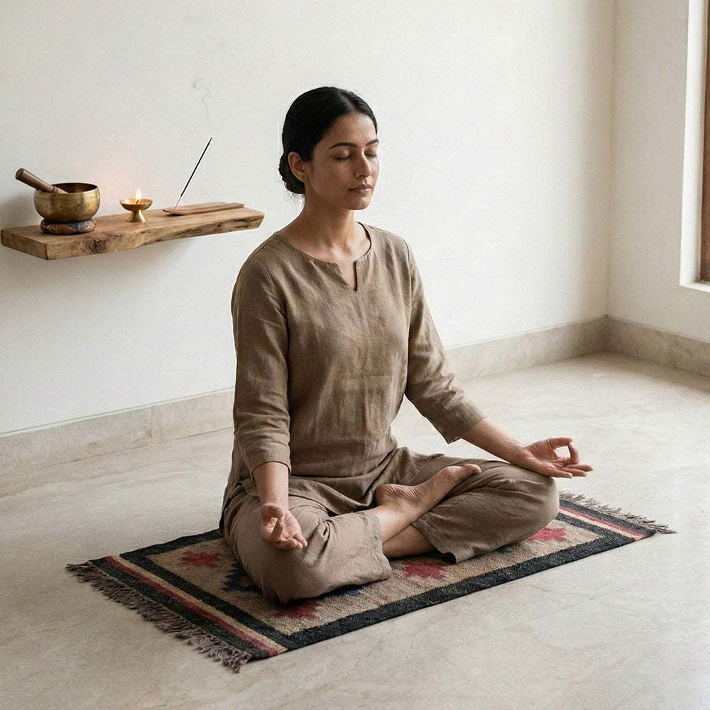 Handwoven Jute & Camel Wool Geometric Diamond Puja Aasan Mat