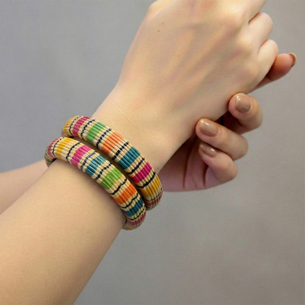 Vibrant Striped Artisan Bangles - Handmade Colorful Wood Bracelets - Madhues