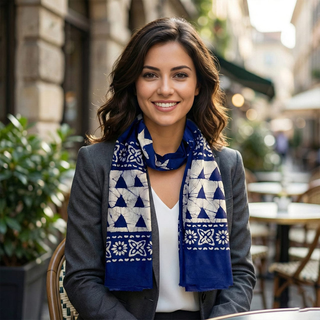 Navy Blue Block Printed Cotton Scarf