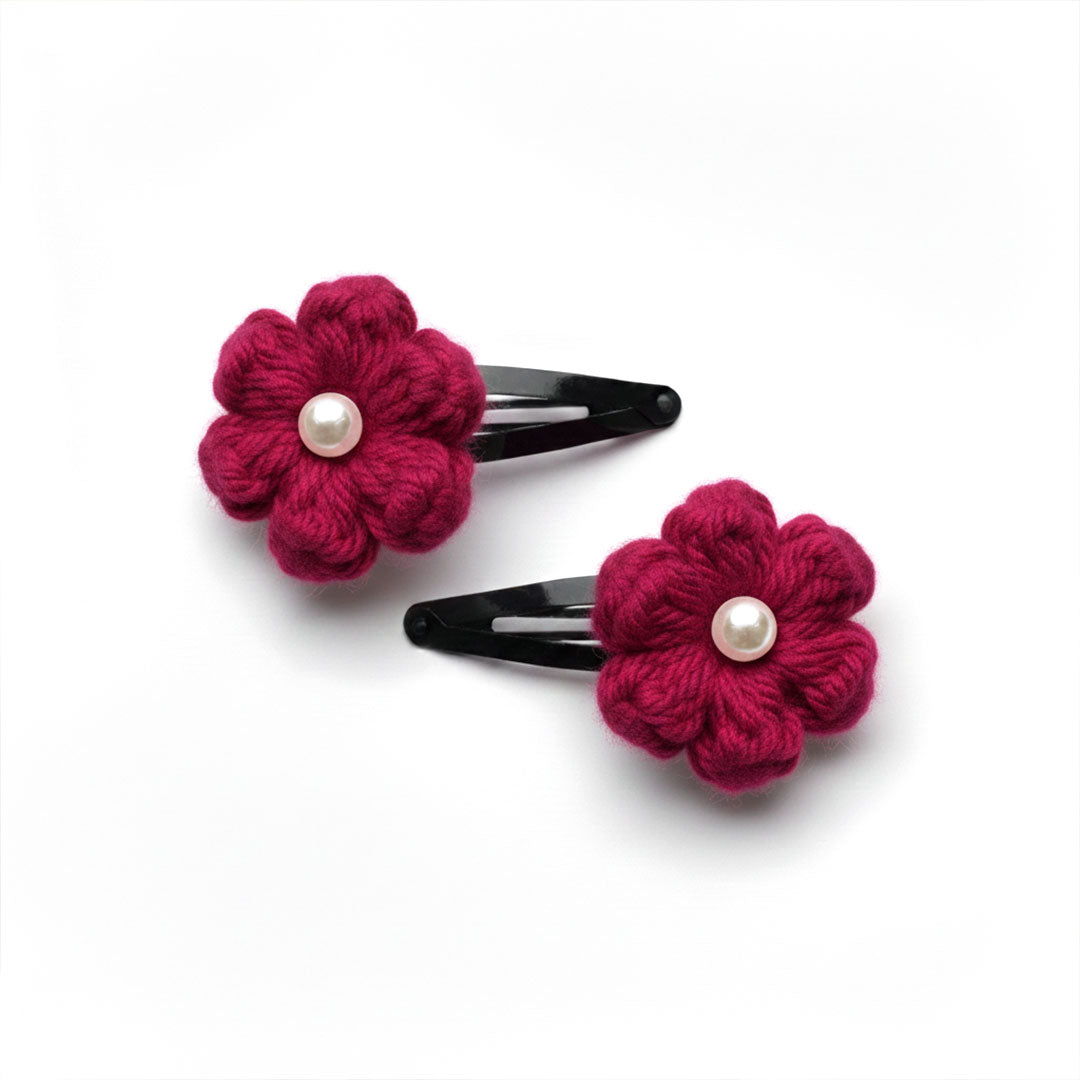 Charming Crocheted Flower Hair Clips - Pearl Accents