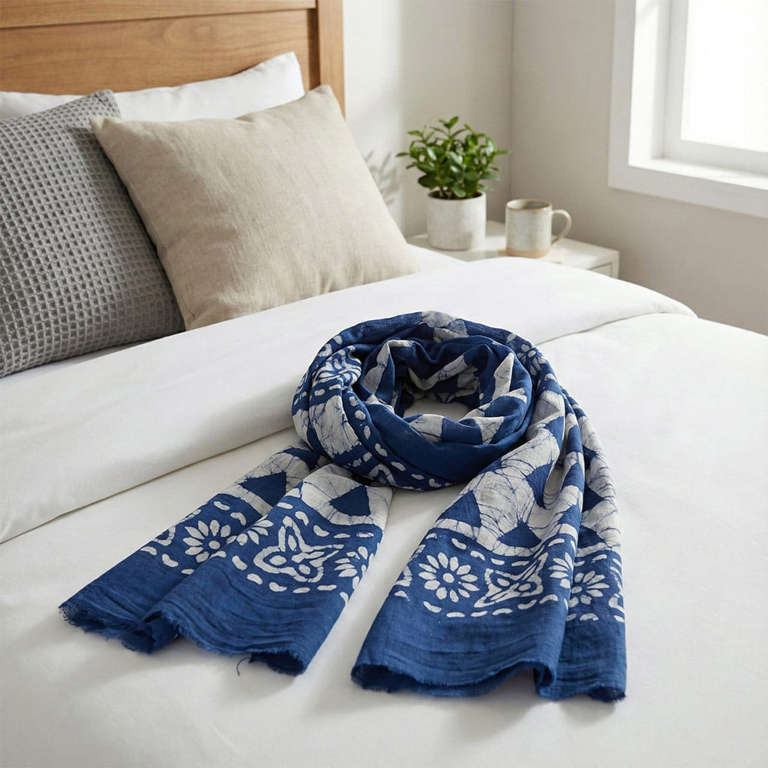 Navy Blue Block Printed Cotton Scarf