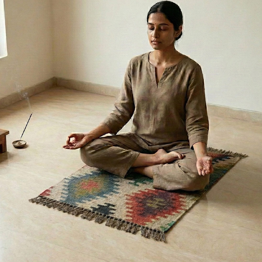 Handwoven Jute Puja Aasan Multicolor with Geometric Pattern