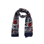 Navy Red White Cotton Block Print Floral & Geometric Scarf